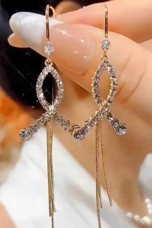Retro Hong Kong Style Cross Fishtail Long Tassel Ear Hooks with Micro-Inlaid Diamonds - Elegant Niche Design Earrings