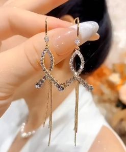 Retro Hong Kong Style Cross Fishtail Long Tassel Ear Hooks with Micro-Inlaid Diamonds - Elegant Niche Design Earrings