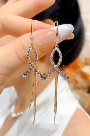 Retro Hong Kong Style Cross Fishtail Long Tassel Ear Hooks with Micro-Inlaid Diamonds - Elegant Niche Design Earrings