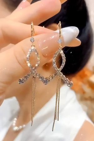 Retro Hong Kong Style Cross Fishtail Long Tassel Ear Hooks with Micro-Inlaid Diamonds - Elegant Niche Design Earrings