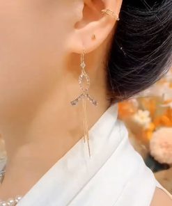 Retro Hong Kong Style Cross Fishtail Long Tassel Ear Hooks with Micro-Inlaid Diamonds - Elegant Niche Design Earrings