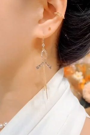Retro Hong Kong Style Cross Fishtail Long Tassel Ear Hooks with Micro-Inlaid Diamonds - Elegant Niche Design Earrings