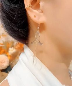 Retro Hong Kong Style Cross Fishtail Long Tassel Ear Hooks with Micro-Inlaid Diamonds - Elegant Niche Design Earrings