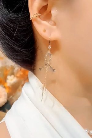 Retro Hong Kong Style Cross Fishtail Long Tassel Ear Hooks with Micro-Inlaid Diamonds - Elegant Niche Design Earrings