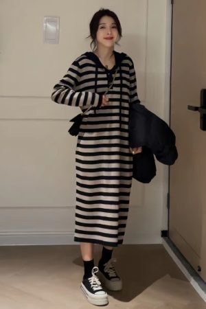 Retro Hooded Knitted Dress for Women - Casual Striped Sweater Dress in French Lazy Style for Autumn and Winter Fashion