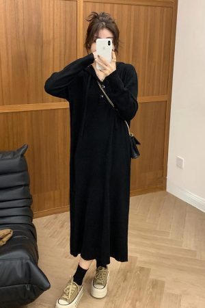 Retro Hooded Knitted Dress for Women - Casual Striped Sweater Dress in French Lazy Style for Autumn and Winter Fashion