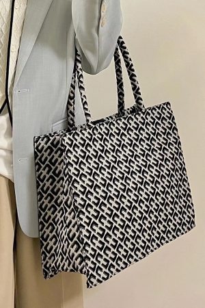 Retro Jacquard Tote Bag for Women - Large Capacity Canvas Shoulder Bag for Commuting - Trendy 2025 Style