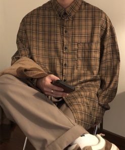 Retro Japanese-Style Coffee Plaid Long Sleeve Shirt for Men & Women - Loose Casual Jacket for Spring & Autumn - Trendy City Boy Fashion