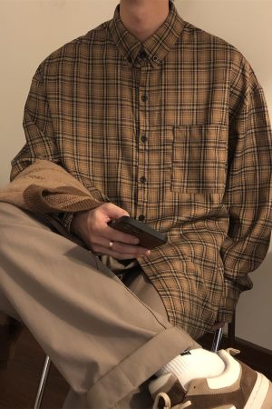 Retro Japanese-Style Coffee Plaid Long Sleeve Shirt for Men & Women - Loose Casual Jacket for Spring & Autumn - Trendy City Boy Fashion
