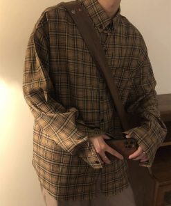 Retro Japanese-Style Coffee Plaid Long Sleeve Shirt for Men & Women - Loose Casual Jacket for Spring & Autumn - Trendy City Boy Fashion