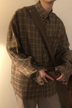 Retro Japanese-Style Coffee Plaid Long Sleeve Shirt for Men & Women - Loose Casual Jacket for Spring & Autumn - Trendy City Boy Fashion