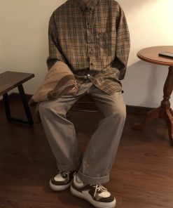 Retro Japanese-Style Coffee Plaid Long Sleeve Shirt for Men & Women - Loose Casual Jacket for Spring & Autumn - Trendy City Boy Fashion