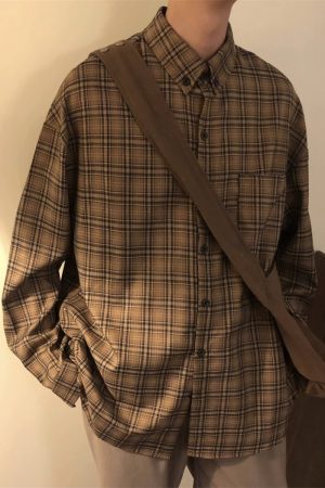 Retro Japanese-Style Coffee Plaid Long Sleeve Shirt for Men & Women - Loose Casual Jacket for Spring & Autumn - Trendy City Boy Fashion