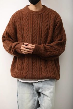 Retro Japanese-Style Twisted Solid Color Round Neck Sweater for Men and Women - Loose Fit Autumn Winter Couple Pullover Knitwear