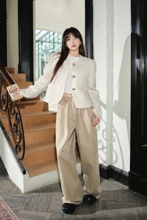 Retro Khaki Loose Casual Wide-Leg Pants for Women - Floor-Length Drape Design - Autumn Winter Fashion