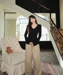 Retro Khaki Loose Casual Wide-Leg Pants for Women - Floor-Length Drape Design - Autumn Winter Fashion