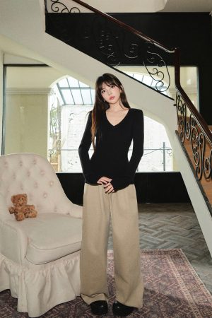 Retro Khaki Loose Casual Wide-Leg Pants for Women - Floor-Length Drape Design - Autumn Winter Fashion