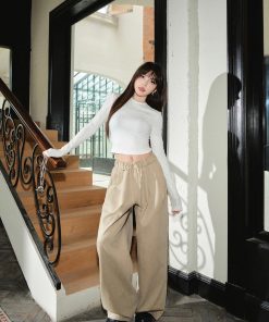 Retro Khaki Loose Casual Wide-Leg Pants for Women - Floor-Length Drape Design - Autumn Winter Fashion