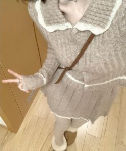 Retro Knitted Cardigan and Short Skirt Set for Women - Sweet Lapel Design - 2025 Winter Fashion