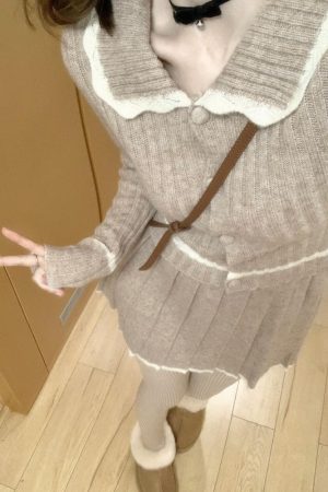 Retro Knitted Cardigan and Short Skirt Set for Women - Sweet Lapel Design - 2025 Winter Fashion