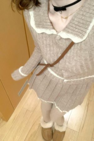 Retro Knitted Cardigan and Short Skirt Set for Women - Sweet Lapel Design - 2025 Winter Fashion