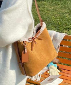 Retro Lamb Wool Tote Bag for Women - 2025 Fashion Bow Bucket Shoulder Crossbody Bag for Spring/Summer