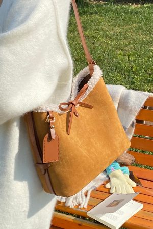 Retro Lamb Wool Tote Bag for Women - 2025 Fashion Bow Bucket Shoulder Crossbody Bag for Spring/Summer
