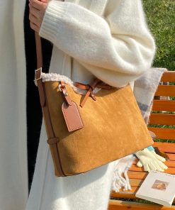 Retro Lamb Wool Tote Bag for Women - 2025 Fashion Bow Bucket Shoulder Crossbody Bag for Spring/Summer