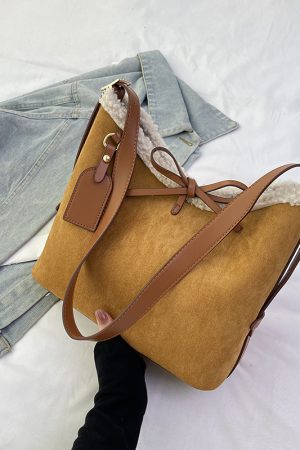 Retro Lamb Wool Tote Bag for Women - 2025 Fashion Bow Bucket Shoulder Crossbody Bag for Spring/Summer
