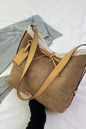 Retro Lamb Wool Tote Bag for Women - 2025 Fashion Bow Bucket Shoulder Crossbody Bag for Spring/Summer