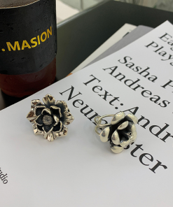 Retro Large Flower Silver Ring - Peony Bloom Open Design, Minimalist Vintage Style, Trendy 2025 Cold Aesthetic