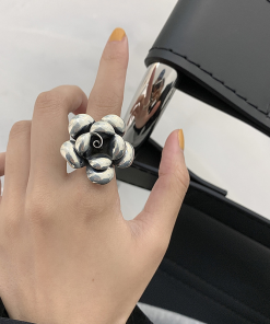 Retro Large Flower Silver Ring - Peony Bloom Open Design, Minimalist Vintage Style, Trendy 2025 Cold Aesthetic
