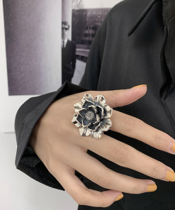 Retro Large Flower Silver Ring - Peony Bloom Open Design, Minimalist Vintage Style, Trendy 2025 Cold Aesthetic