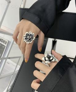 Retro Large Flower Silver Ring - Peony Bloom Open Design, Minimalist Vintage Style, Trendy 2025 Cold Aesthetic