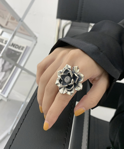 Retro Large Flower Silver Ring - Peony Bloom Open Design, Minimalist Vintage Style, Trendy 2025 Cold Aesthetic