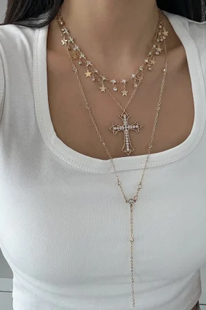 Retro Layered Star Tassel Long Necklace for Women, European and American Style Cross Pendant Sweater Chain, Boho Fashion Accessory