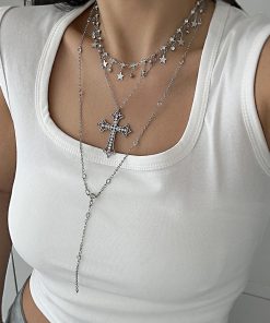 Retro Layered Star Tassel Long Necklace for Women, European and American Style Cross Pendant Sweater Chain, Boho Fashion Accessory