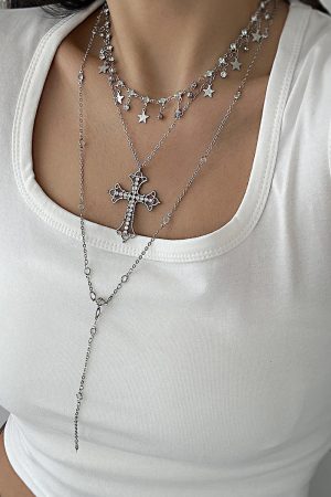 Retro Layered Star Tassel Long Necklace for Women, European and American Style Cross Pendant Sweater Chain, Boho Fashion Accessory