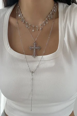 Retro Layered Star Tassel Long Necklace for Women, European and American Style Cross Pendant Sweater Chain, Boho Fashion Accessory