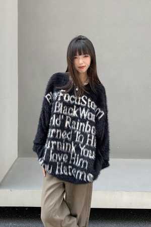 Retro Loose Fit Knitted Sweater for Women with American Letter Print - Legal Alien National Trend Autumn Winter Fashion