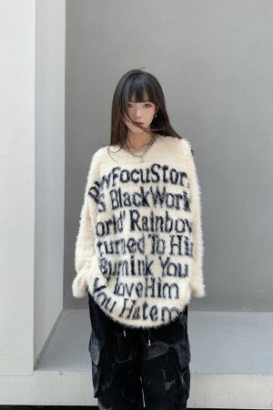 Retro Loose Fit Knitted Sweater for Women with American Letter Print - Legal Alien National Trend Autumn Winter Fashion