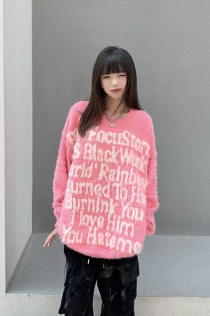 Retro Loose Fit Knitted Sweater for Women with American Letter Print - Legal Alien National Trend Autumn Winter Fashion