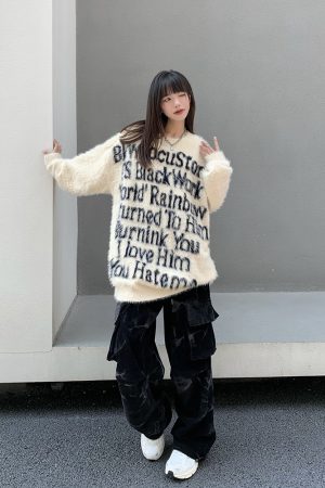 Retro Loose Fit Knitted Sweater for Women with American Letter Print - Legal Alien National Trend Autumn Winter Fashion