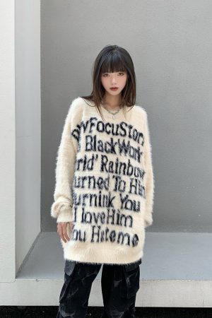 Retro Loose Fit Knitted Sweater for Women with American Letter Print - Legal Alien National Trend Autumn Winter Fashion