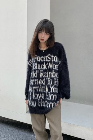 Retro Loose Fit Knitted Sweater for Women with American Letter Print - Legal Alien National Trend Autumn Winter Fashion