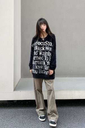 Retro Loose Fit Knitted Sweater for Women with American Letter Print - Legal Alien National Trend Autumn Winter Fashion
