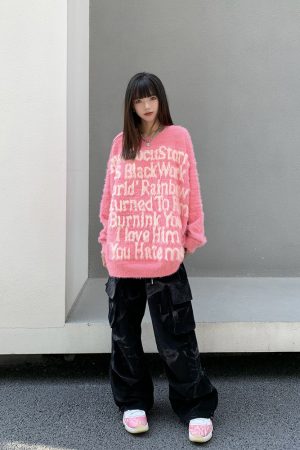Retro Loose Fit Knitted Sweater for Women with American Letter Print - Legal Alien National Trend Autumn Winter Fashion
