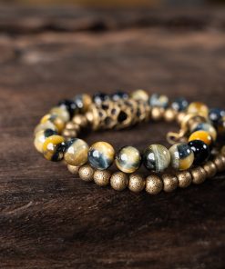 Retro Minimalist Double Circle Bracelet for Women with Unique Yellow Tiger Eye Stone Beads - Niche Design Jewelry for Men