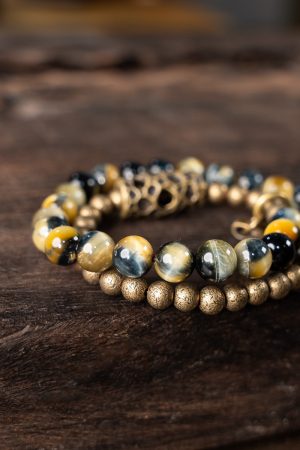 Retro Minimalist Double Circle Bracelet for Women with Unique Yellow Tiger Eye Stone Beads - Niche Design Jewelry for Men
