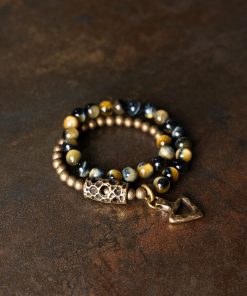 Retro Minimalist Double Circle Bracelet for Women with Unique Yellow Tiger Eye Stone Beads - Niche Design Jewelry for Men
